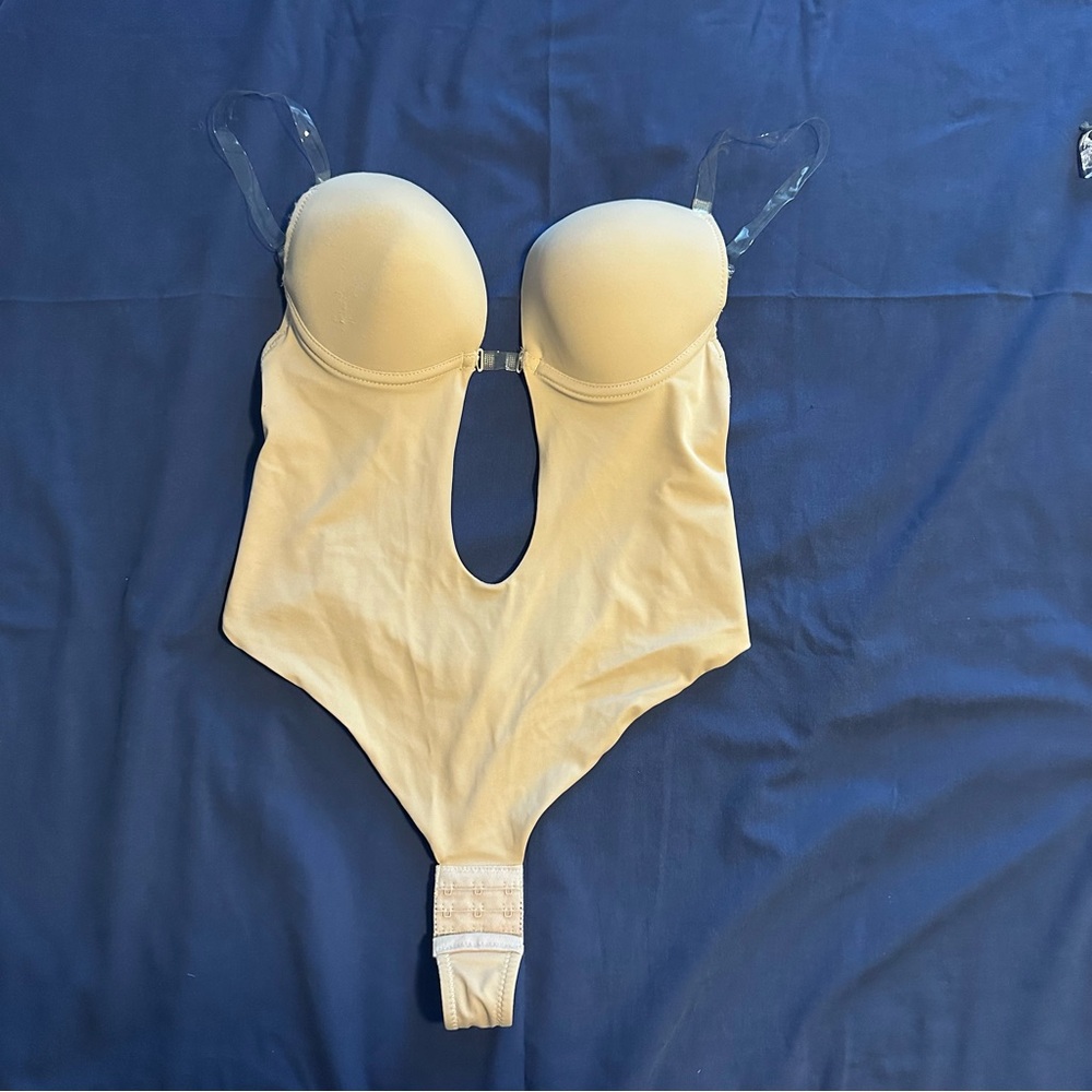 U Plunge Backless Clear Strap Thong Bodysuit